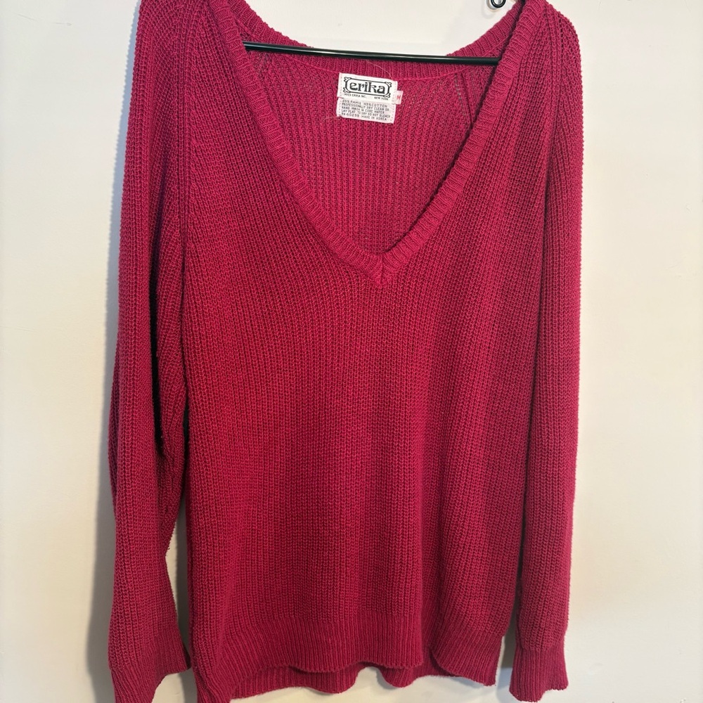 Berry Pink Ramie & Cotton Vintage Deep V Neck Long Sweater, Erika Medium
